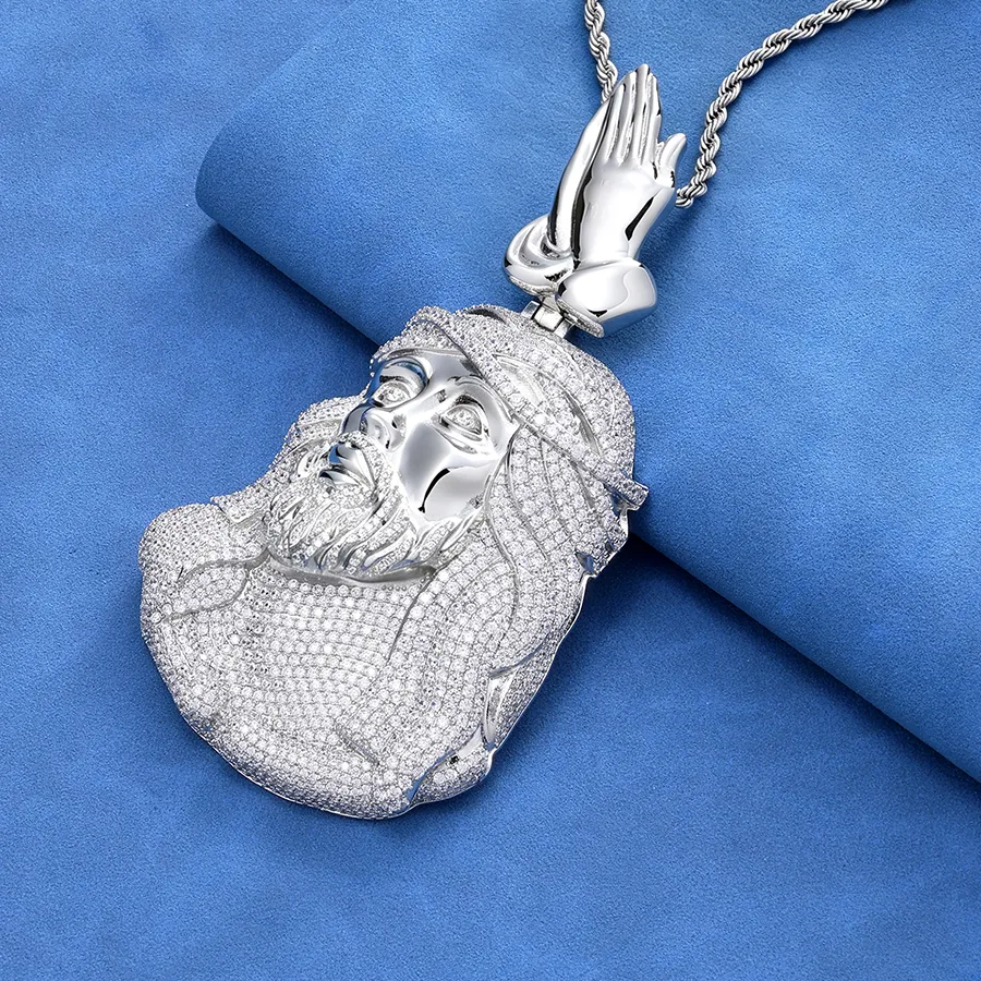 Authentic HHIOK Iced Out Jesus Head Pendant 18K Gold Plated Praying Hands Bail Full Micro Pave Hip Hop Religious Pendant For Men