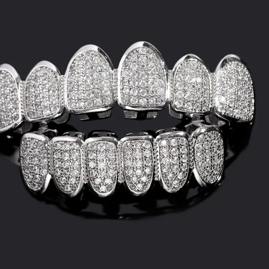 Authentic HipHop Iced Out Teeth Grillz Set For Men Women Bling Cubic Zircon Paved Top & Bottom Grills Tooth Caps Gold Plated Party Jewelry