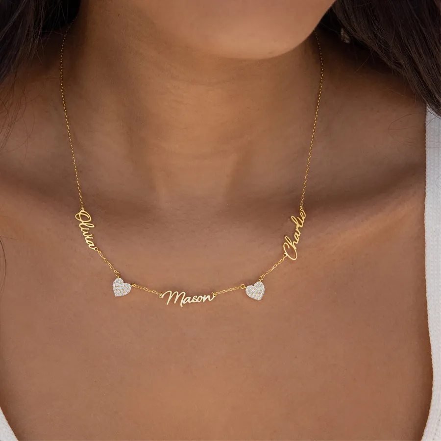 Authentic Two Pave Zircon Heart Custom Name Necklaces for Women Wedding Minimalist Jewelry Personalized Multiple Names Charm Choker