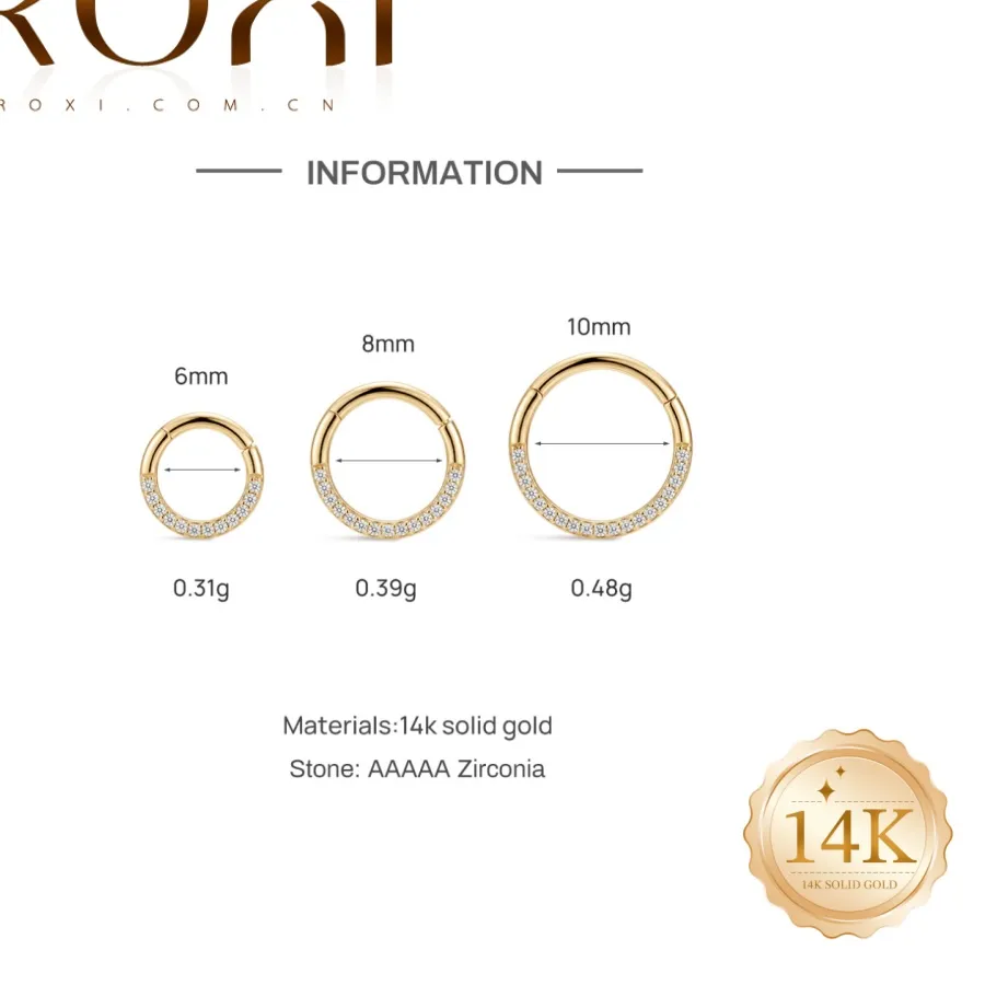Authentic ROXI 1PC 5/6/8mm 14K Gold Classic Half Paved CZ Clicker Hoop Piercing Rings Fine Jewelry Gifts for Women Daily Wear