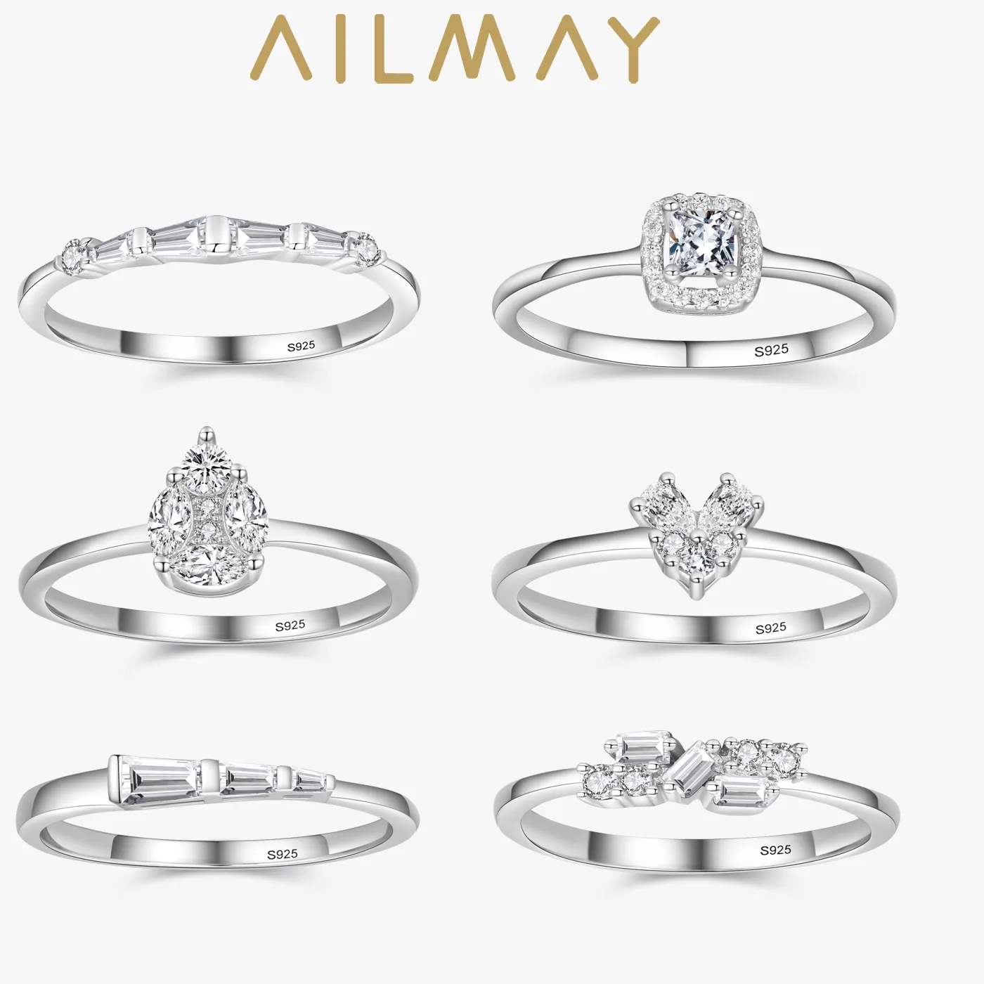 Authentic Ailmay Geometric Design Dazzling Zirconia 925 Sterling Silver Rings For Women Wedding Engagement Fine Female Jewelry