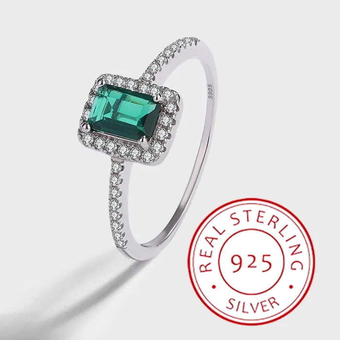 Authentic Classic Creative Genuine S925 Sterling Silver Four-Prong Rectangular Emerald Geometric Retro Engagement Jewelry Ring for Women
