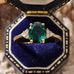 Authentic Stunning Woman 18k Gold Plated Sparkling Green CZ Oval Band Ring Anti-tarnish