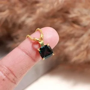 Authentic Natural London Blue Topaz Cushion Cut 925 Sterling Silver Gold Plated Pendant