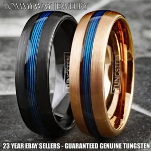 Authentic Tungsten Carbide Blue Fishing Line 7mm Brushed Band - Black or Rose Gold Plated