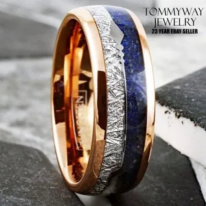 Authentic Rose Gold Plated Tungsten Carbide Meteorite & Blue Lapis Lazuli Men's Band Ring
