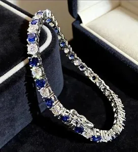 Authentic 12Ct Round Cut Blue Diamond Men's Tennis Bracelet 14K White Gold Plated 7.5"
