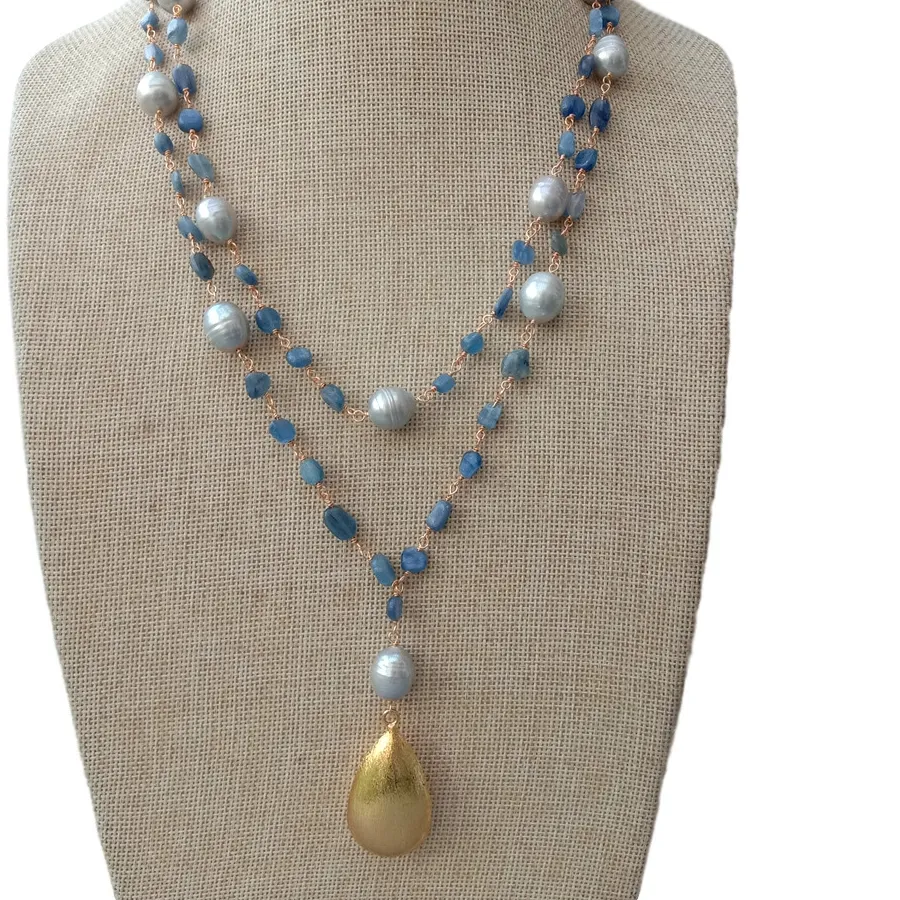 Authentic Blue Kyanite & Gray Pearl Talisman Necklace Brushed Gold Leaf Pendant Of Calm Vision