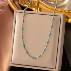 Authentic Woman 18K Gold Plated Enamel Blue Bead Oval Necklace Chain