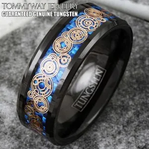 Authentic Black Tungsten Blue Carbon Fiber Rose Gold Plated Clockwork Gears Band Ring