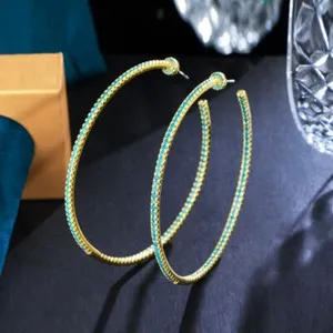 Authentic Gold Plated Extra CZ Big Round Blue Turquoise Stone Thin 925 Silver Hoop Earring