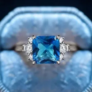 Authentic Women 18K Gold Plated Blue CZ Sparkling Band Ring Size 6-10