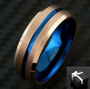 Authentic 8mm Tungsten Carbide Ring Rose Gold Plated Brushed Blue Stripe Wedding Band
