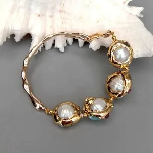Authentic 8" Cultured Keshi Pearl Blue Larimar Gold Plated Bangle Bracelet Jewelry Gifts