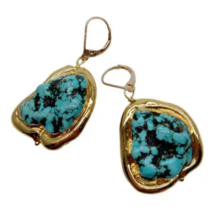 Authentic Blue nugget Turquoise With Gold Plated oval Lever Back dangle Earrings
