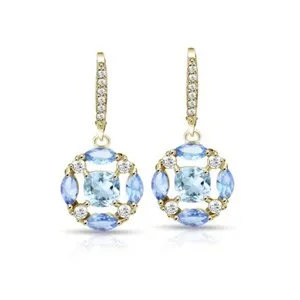 Authentic Tanzanite, Blue & White Topaz Circle Leverback Earrings in Gold Plated Silver