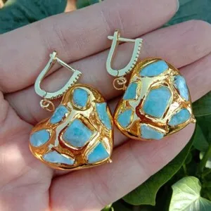 Authentic Atlantis Heart Larimar Golden Dangle Earrings
