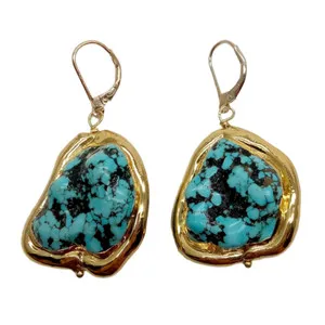 Authentic Ethereal Horizon: Freeform Blue Turquoise and Radiant Gold Lever Back Earrings