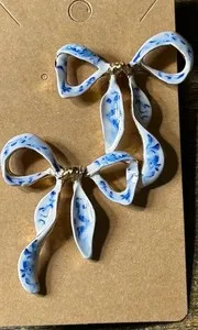 Authentic Blue And White Enamel Bows Stud Drop Earrings Gold Plated. 1.75”