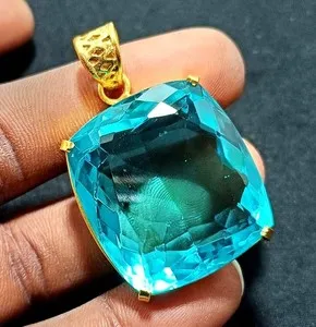 Authentic 116.50 Ct Natural Blue Topaz Gold Plated Solid Pendant Loose Gemstone With Chain