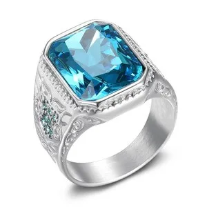 Authentic Gold-Plated Ice Blue Glass Gemstone Men's Ring