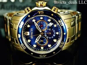 Authentic Invicta Men's 48mm Pro Diver SCUBA Chronograph Blue Dial 18KT Gold Plated Watch