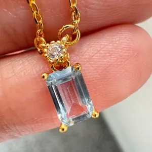 Authentic 925 Sterling Silver Necklace 6x4mm Natural Blue Aquamarine 14K Gold Plated Chain