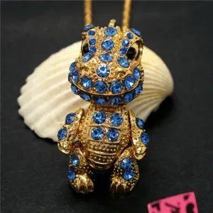 Authentic Gold Plated Blue Crystal Dinosaur Women Pendant Sweater Necklace