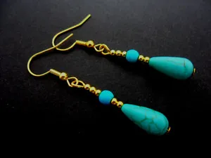 Authentic A PAIR OF TURQUOISE BLUE GOLD PLATED DANGLY TEARDROP EARRINGS. .