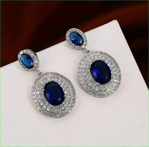Authentic Oval Cut Simulated Blue Sapphire Women's Drop Earrings In 14K White Gold Plated