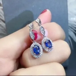 Authentic Oval Cut Simulated Blue Sapphire Drop/Dangle Earrings In 14k White Gold Plated