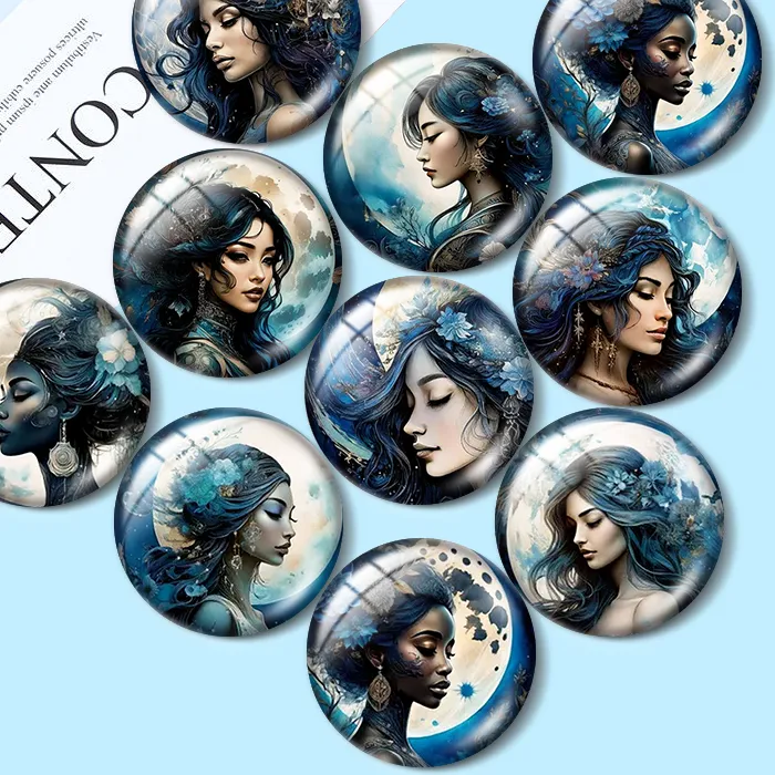 Authentic Mysterious Blue Art Woman 12/18/20/25mm glass cabochon bracelet pendant rings for jewelry demo earrings back Making findings