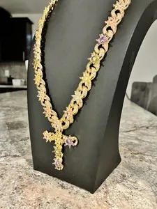 Authentic Yellow Gold Plated Cross Silver Cross Purple Yellow Pink Flowers Chain Necklace