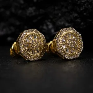 Authentic Men's 14K Yellow Gold Plated Iced Cz Octagonal Shaped Stud Earrings