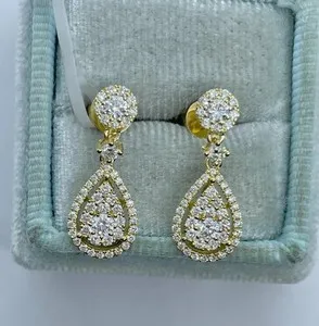 Authentic 2.10Ct Round Real Moissanite Women's Drop/Dangle Earrings 14K Yellow Gold Plated
