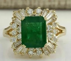 Authentic 3.00Ct Emerald Cut Lab Created Emerald Halo Wedding Ring 14K Yellow Gold Plated