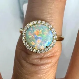 Authentic 2.20Ct Oval Natural Fire Opal Women's Wedding Halo Ring 14K Yellow Gold Plated