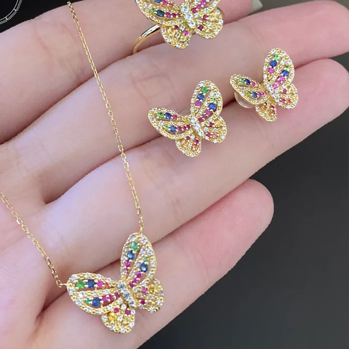 Authentic Aazuo Luxury Jewelry 18K Yellow Gold Natrual Sapphires Real Diamonds Jewelry Set Original Butterfly For Women Wedding Party