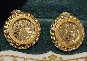 Authentic Beauty Walking Liberty/ Panda Gold Plated Coin Pierced Earrings Rope Border NICE