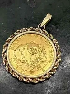Authentic Without Stone 1988 1/10 Oz Panda Coin Pendant With Chain 14k Yellow Gold Plated