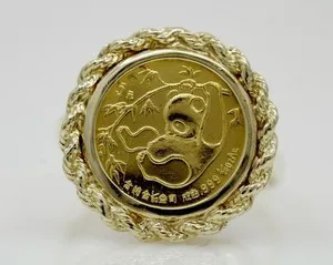 Authentic Gorgeous PANDA BEAR COIN Shape 925 Silver Beauty Ring 14K Yellow Gold Plated