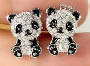 Authentic Lab Created Diamonds PANDA Earring Gold Plated Silver