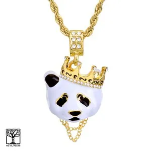 Authentic Men's Gold Plated Iced CZ Crown Panda Pendant 24" Rope Chain Necklace HC 1167 G