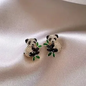 Authentic 2Ct Round Cut Real Moissanite Women's Panda Stud Earring 14K Yellow Gold Plated