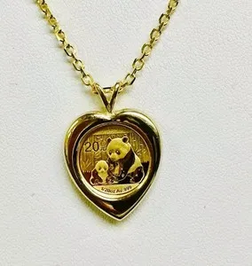 Authentic CHINESE PANDA BEAR COIN Heart Shape Pendant 14k Yellow Gold Plated Free Chain