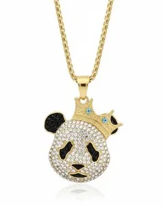 Authentic Gold Plated Panda Crown Pendant Necklace with Crystals, Cuban Link Chain