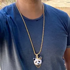 Authentic Men's 14K Gold Plated Big Crown Panda Rope Chain White Bear Pendant Necklace 30"