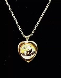 Authentic CHINESE PANDA BEAR COIN Heart Shape Pendant 14k Yellow Gold Plated Free Chain