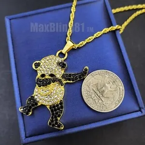 Authentic HIP HOP JEWELRY PANDA CUBIC ZIRCONIA GOLD PLATED PENDANT 24" ROPE CHAIN NECKLACE