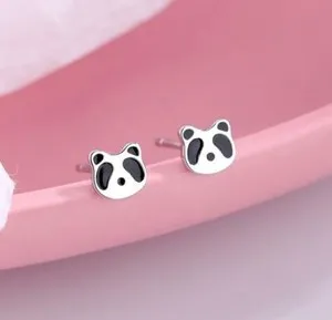 Authentic Super Adorable Silver Black Tiny Animal Panda White Gold Plated Stud Earrings